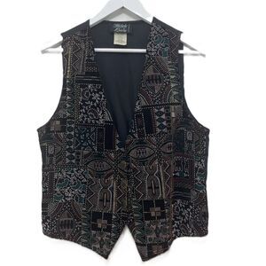 Michele Leslie Velvet Vest Jewelry Buttons Smocked Back Black Multi Vintage 80s